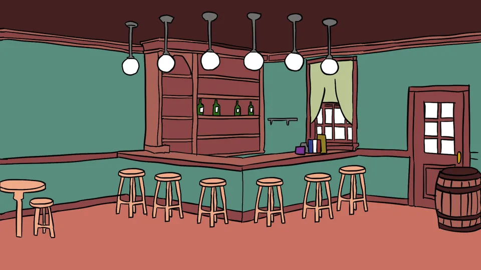 BeeR-Type's hand-drawn game background: a bar with stools and hanging lamps